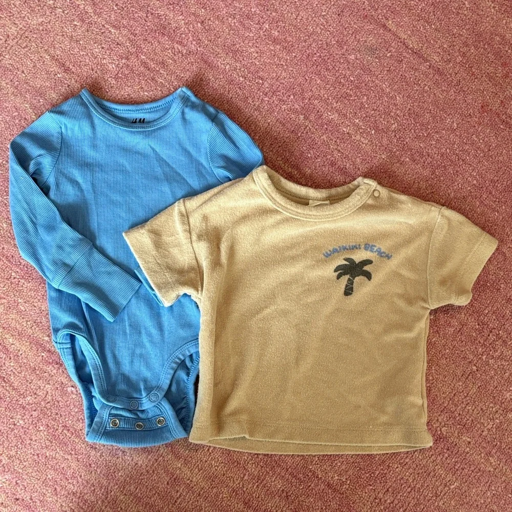 H&M Blue Ribbed Organic Cotton Bodysuit + Beige Palm Tree Terry Cloth Shirt